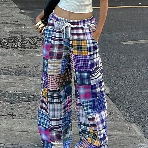 Multicolor Casual Women's Tropical Vacation Plaid Baggy Pants - Picture 4 of 5